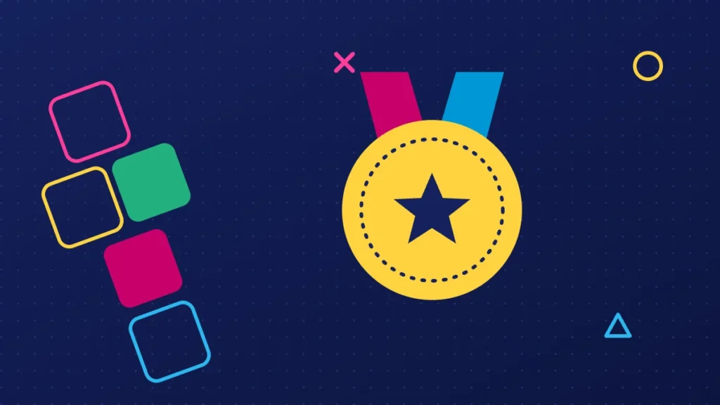 Ilustracja: medal i kolorowe pola gry w klasy na granatowym tle